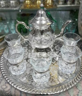 moroccan teapot 6 Tea Cups, Moroccan Tea Set Teapot Rectangular Tray 6 Glasses