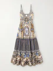 [Camilla] Camilla - Crystal-embellished Tiered Shirred Lace-trimmed Cotton Maxi Dress - Gray - x large x large Gray
