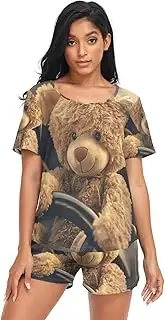 [RPLIFE] Teddy Bear Driving Car Women's Pajama Sets, Womens Summer Pajanas, Teddy Bear Driving Car, Small