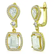 925 Sterling Silver Yellow Gold-Tone Rectangular Teardrop CZ Dangle Earrings