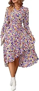 [ZPLxi] Women's Floral Print Boho Dress 2025 Casual V Neck Puff Long Sleeve Fall Flowy Midi Dress Ruffle Belted A-Line Swing Spring Maxi Dresses