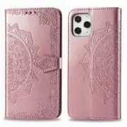 For iPhone 12 / 12 Pro Case, Halfway Mandala Folio PU Leather Case, Card Slots, Wallet, Lanyard, Rose Gold