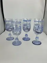 Hand Painted Chinoiserie Scene Wine Glasses Goblets Set of 4 No Damage