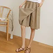 Patch-Pocket Wrap Linen Culottes Charcoal Gray - One Size