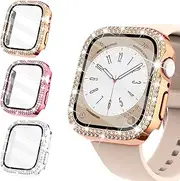 Wingle Compatible for Apple Watch Case Screen Protector 44mm SE Series 6/5/4/3/2/1, Bling Diamonds Shiny Cover with Tempered Glass Face Cover for Women iWatch Protective Bumper Frame