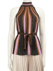 Metallic Striped Knit Top With Tie Belt