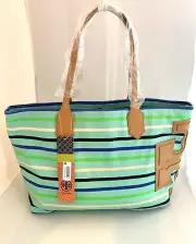 NWT Tory Burch Stacked T EW Tote Bag Large Mint Multi Classic Stripe