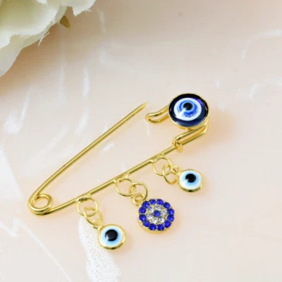Greek Turkish Evil Eye Gold Large Baby Pin Baby Lucky Protection Brooch
