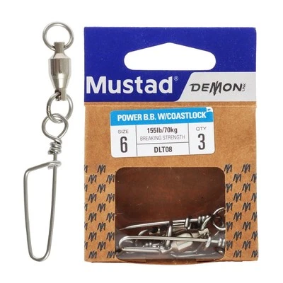 Mustad Demon Ball Bearing Game Swivel with Coastlock Snap Size 6 70kg Qty 3