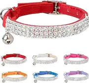 Cat Collar Rhinestone Jewelry PU Leather Suede AdjustableElastic Strap Kitten Puppy Bling Diamante Bell Girl Pet Chihuahua Teacup [PU] Red
