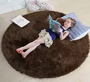 Round Area Rug, Brown, 4ftX4ft (120x120cm), Fluffy, Non-Slip, For Bedroom & Kids Room
