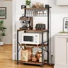 Bakers Rack with Power Outlet, Kitchen Shelves Microwave Stand with Wire Grid an