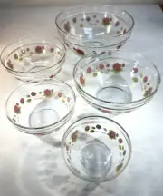 5 NEW Descending Size Clear Glass Nesting Bowls w/Red Rose Pattern~ 3.5”- 6.75”W