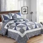 Full Queen Size Patchwork Quilt Set Grey Floral Reversible Quilted Bedspread ...