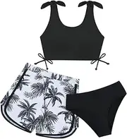 [Weixinbuy] Girls Swimsuit Bikini Set 3 Piece Kids Tropical Print Swimwear with Shorts Bathing Suit for Teens 9-16 Years