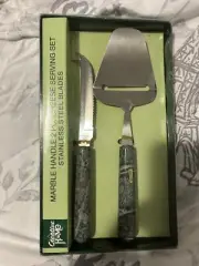 Vintage Deluxe Hostess Cheese Set Green Marble Handles Knife & Slicer Stainless