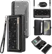 [Asuwish] Phone Case for Samsung Galaxy S24/S25 5G Zipper Wallet Detachable Cell Cover with Tempered Glass Screen Protector Crossbody Strap Bling Glitter Flip Card Holder S 24 24S 25 25S G5 Women Black