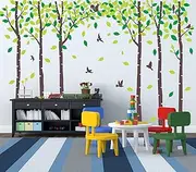 MAFENT Giant Family Tree Wall Decals Forest Birch Tree Wall Stickers Birds Wall Art for Kids Room Nursery Bedroom Living Room Decoration(Dark Brown and Green)