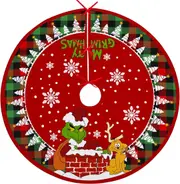 Christmas Tree Skirt, 48 Inches Red Green Plaid Xmas Tree Skirt Santa Snowflakes Rustic Christmas Tree Decorations for New Year
