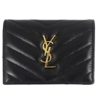 在飛比找Yahoo奇摩購物中心優惠-YSL MONOGRAM 黑色V型縫線羊皮金字翻蓋短夾(拉鍊