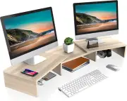 FITUEYES Dual Monitor Stand – 3 Shelf Computer Monitor Riser, Wood Desktop Stand