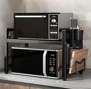 Microwave Oven Rack, 24.8in Expandable Microwave Stand with Storage Shelf Heavy Duty with 6 Hooks and Chopsticks Cutting Board Holder for Kitchen Countertop