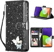 [UEEBAI] Wallet Case for Samsung Galaxy A15 4G/5G, Glitter PU Leather Phone Cover Card Slots Kickstand Wallet Magnetic Closure Bling Flip Case Shockproof Hand Strap Flip Cover - Black