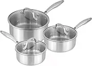Stainless Steel Saucepan Set – Non Stick Cooking Pots – Tri-Ply Stainless Steel Pot Suitable for All Hobs – 6pcs 16.7cm, 18.7cm & 20.9cm (3 Pots + 3 Lids) – by Nuovva