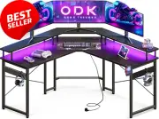 L Shaped Gaming Desk with LED Lights Power Outlet Monitor Stand Black