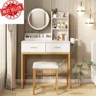 White Vanity Dressing Table with Round Mirror & Lights, Small Bedroom Desk with