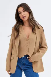 Beige Blazer Long Sleeve Tailored Single Breasted - Size 8, Women's Jacket