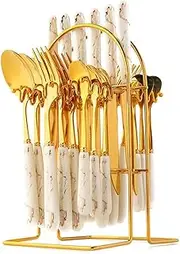 SHENMAIDAY 24 Pieces Stainless Steel Cutlery Set, Modern Kitchen Utensil Set, Steak Knife/Fork/Spoon/Coffee Spoon Combination Cutlery with Hanging Storage Rack for Home and Restaurant (White)