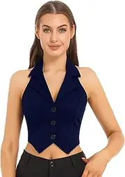 [Hedmy] Women's Dressy Suit Vests Sleeveless V Neck Button Waistcoat Tuxedo Shirt Slim Fit Sexy Cropped Vest