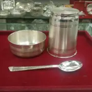 999 Silver Bowl , Glass and Spoon Vessel Utensil Ideal Gift for Home Kitchen Use