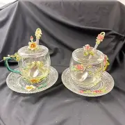 Set Of 2 Enamel Flower On Crystal Clear Cups And Saucers NEW GIFT!