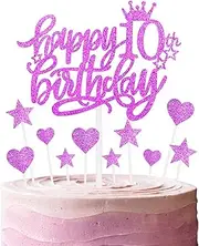 Hot Pink Girl Happy 10th Birthday Cake Toppers,Pink Cake Cupcake Toppers,Rose Red Glitter Stars Cake Toppers for Bachelorette Theme Baby Shower Anniversary Birthday Party Favors Wedding Decoration