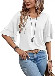 [Sialois] Womens Blouses Ruffle Short Sleeve T Shirts V Neck Double Tiered Bell Sleeve Top Spring Summer Fashion Clothes Cute Tunic, White, X-Large