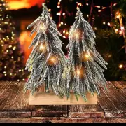 Mini Artificial Christmas Tree Snow Flocked Miniature Pine Tree Wooden Base 2 Pc