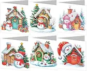 Christmas House Greeting Cards - 6X Make Rhinestone Painting Blessing Cards with Envelopes | Rhinestone Painting Christmas Cards, Art Crafts Kit for Friends and Family