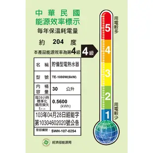 莊頭北 TE-1080W(6㎾) 8加侖 橫掛 儲熱式 電熱水器