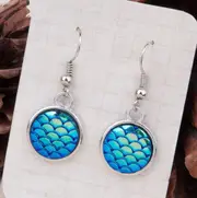 Blue Mermaid Scales Hook Dangle Pierced Earrings Womens Girls Jewellery + Gift Pouch