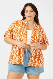 Brown Abstract Relaxed Shirt Short Sleeve Linen Blend