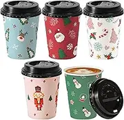 Fit Meal Prep 50 Pack 12 oz Christmas Disposable Coffee Cups with Black Lids, Durable Thickened Christmas Paper Cups for Hot Beverage Chocolate Tea Cocoa, Christmas Cups for Kids, Party, Holiday