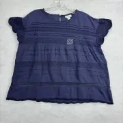 Sundance Aria Cap Sleeves Inset Lace Scalloped Hem Boho Top Petite Medium Blue