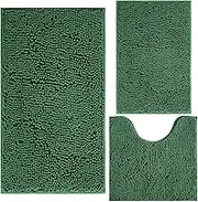 Green Bathroom Rug Chenille 3-Piece Extra Soft and Absorbent Shag Bath Mat Set, Machine Wash Green Bathroom Rug Set, Strong PVC Non-Slip Underside, Plush Carpet Green Bath Mat (Dark Green)