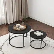 FOUBAM Round Nesting Coffee Table Set of 2 End Tables for Living Room Balcony, Stacking Industrial Side Table, Circular Wood Accent Furniture with Sturdy Metal Frame,Easy Assembly(Black)