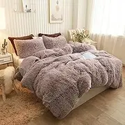 XeGe Plush Shaggy Duvet Cover Luxury Ultra Soft Crystal Velvet Bedding Set 1PC(1 Faux Fur Duvet Cover),Zipper Closure(Queen,Khaki)
