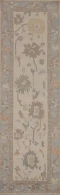 Vegetable Dye Ivory/ Light Blue Oushak Turkish Runner Rug 3x10 Handmade Wool Rug