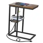 C Shaped End Table with Charging Station, Small Side Table for Couch, Sofa