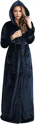 Long Hooded Robe for Women Luxurious Flannel Fleece Full Length Bathrobe Winter